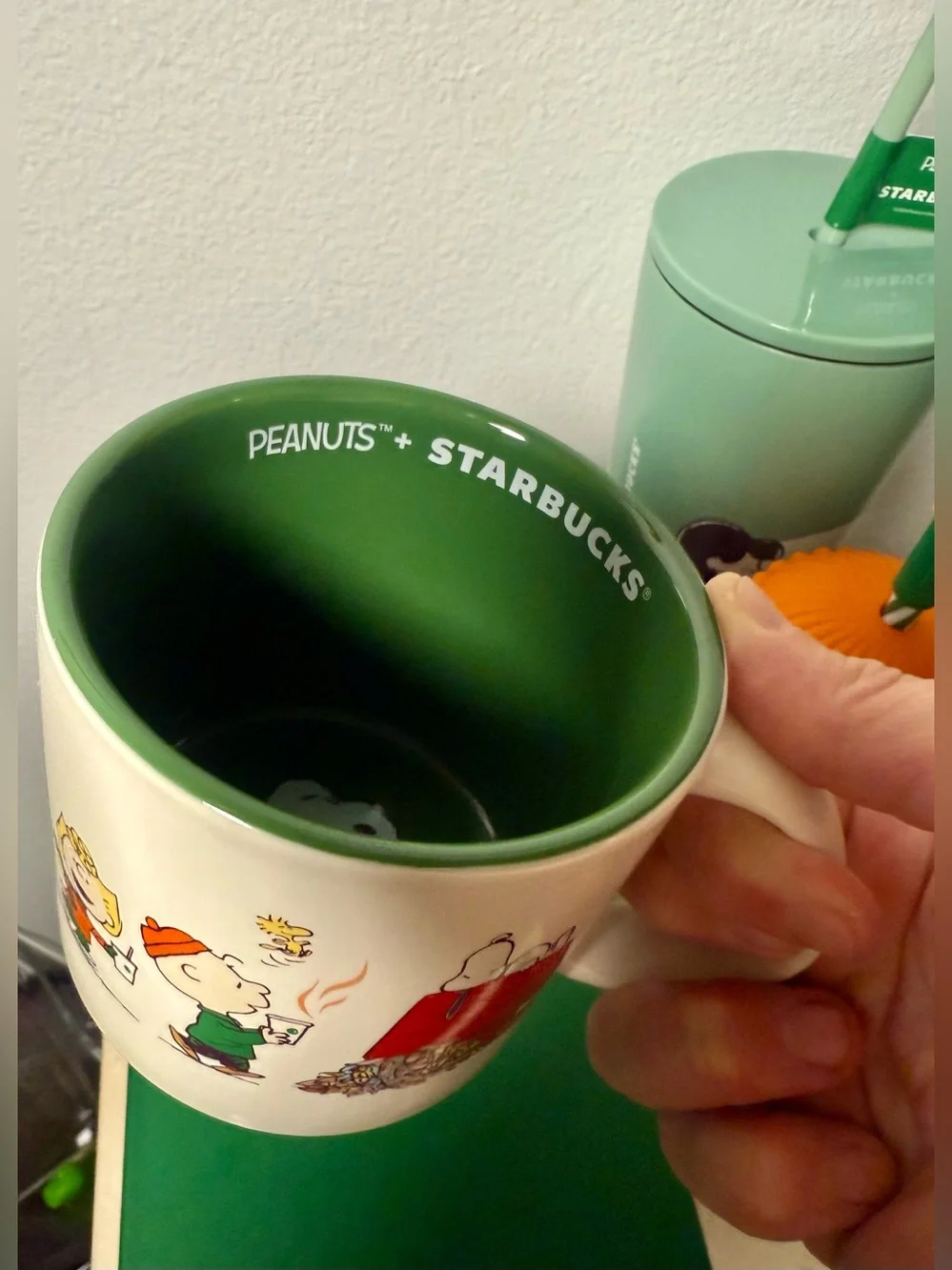 (3) Starbucks, Snoopy glass cold cup, stainless steel cold cup, & ceramic mug.